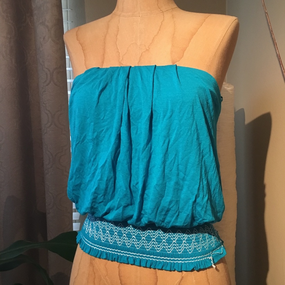 NWT Arden B Turquoise Blue Strapless Elastic Waist Bubble Hem Tank Top Size XS